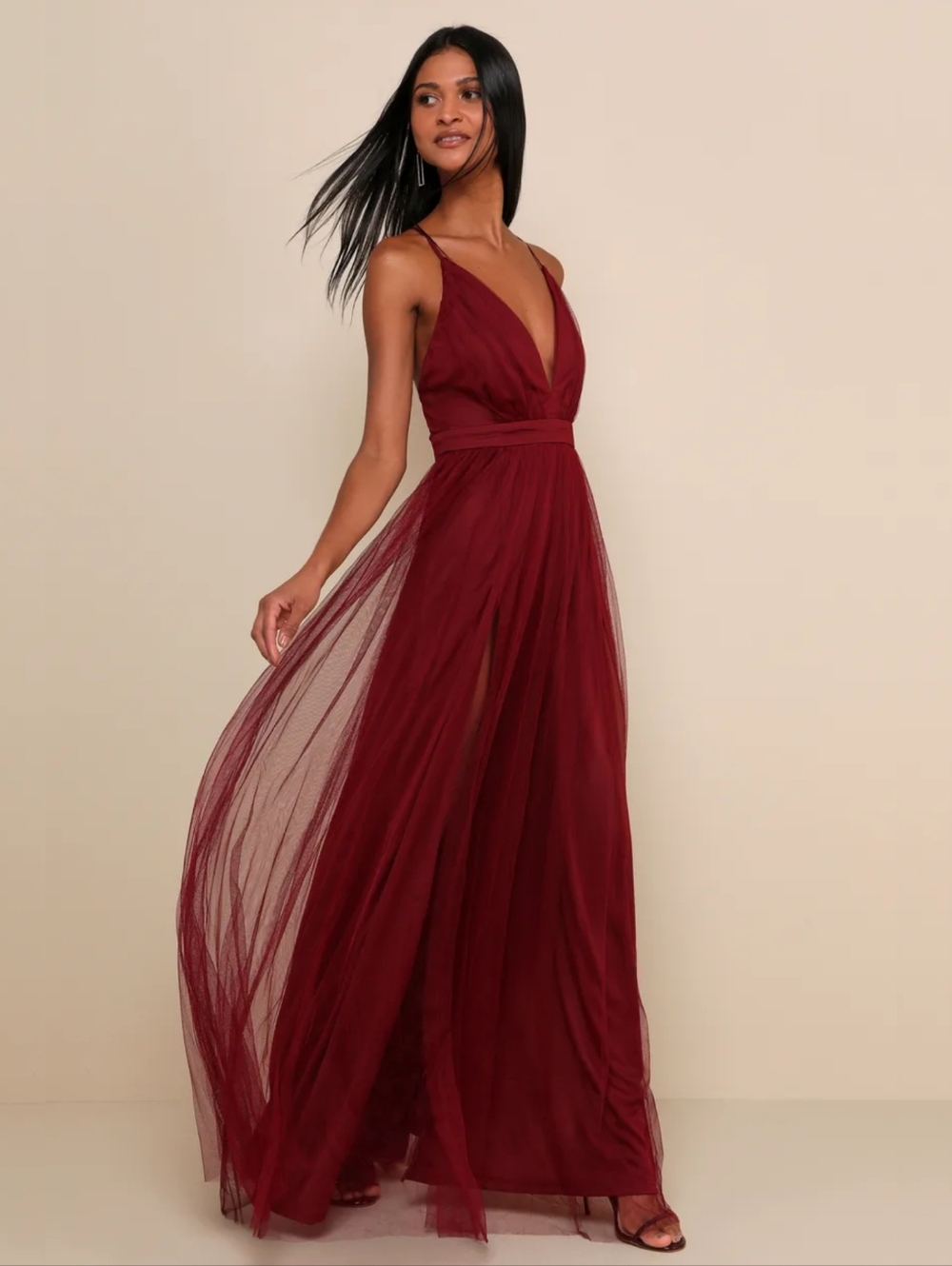 Lulus Rare Beauty Burgundy Plunging Tulle Backless Slit Maxi Dress | Size S